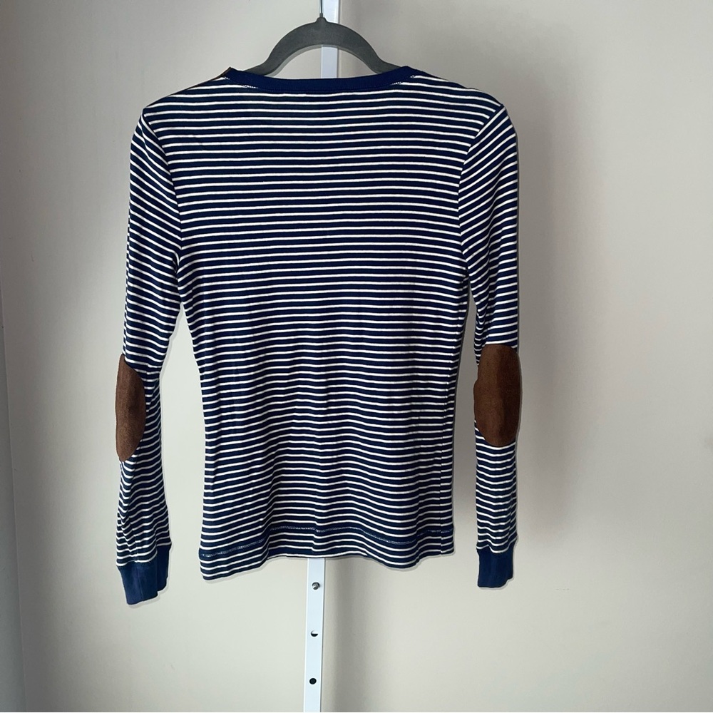 Lauren Ralph Lauren Navy White Striped Long Sleeve Top Suede Elbow Patches M - Picture 5 of 5